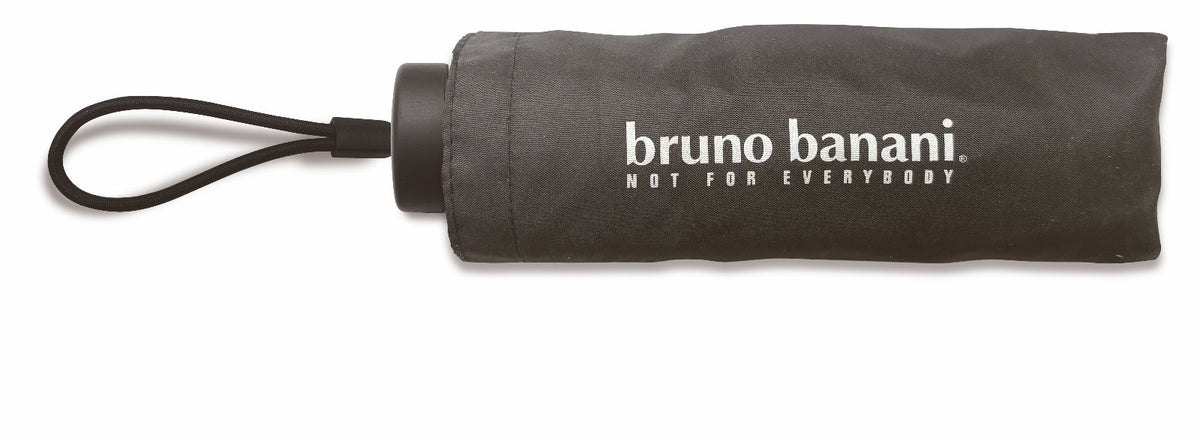 bruno banani Regenschirm Shorty – Handöffner, 7-teiliges Gestell, Polyester Pongee, mattierter Griff mit Logodruck, Schirmdach mit schwarzer Borte, Hülle mit Reißverschluss Schwarz Silber