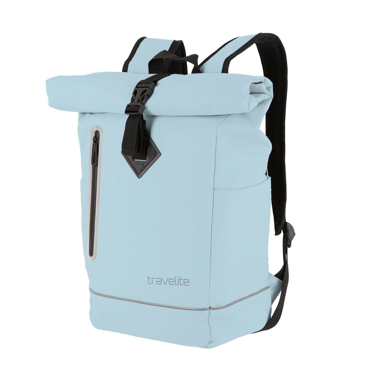 Travelite Rollup Fahrrad Rucksack Kurierrucksack Daypack aus wasserfester Plane mit Reflektoren pastell blau