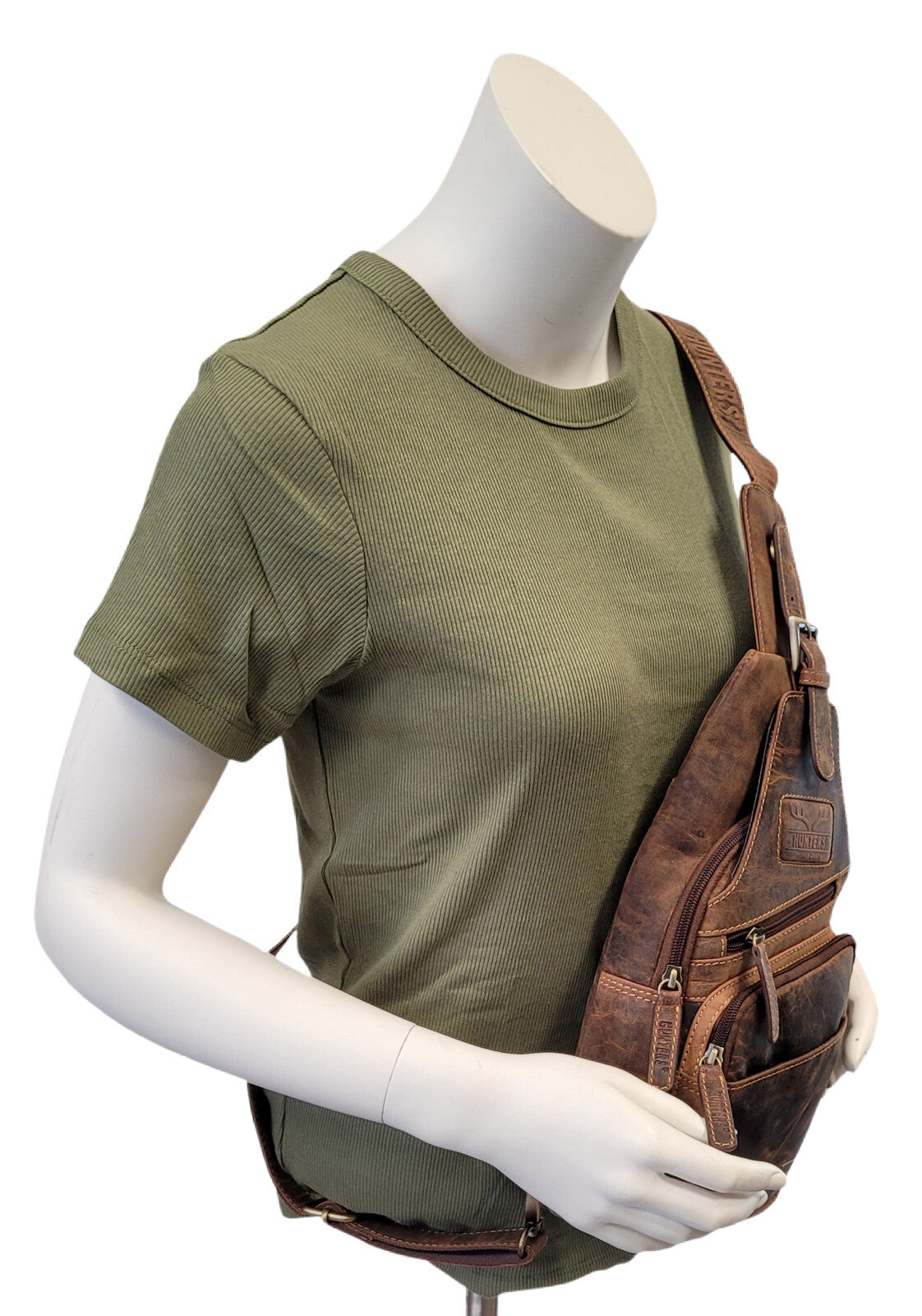 Hunters Crossbag Slingbag aus echtem Hunterleder – Vintage-Umhängetasche mit Platz für 0,33L Wasserflasche & Tablet