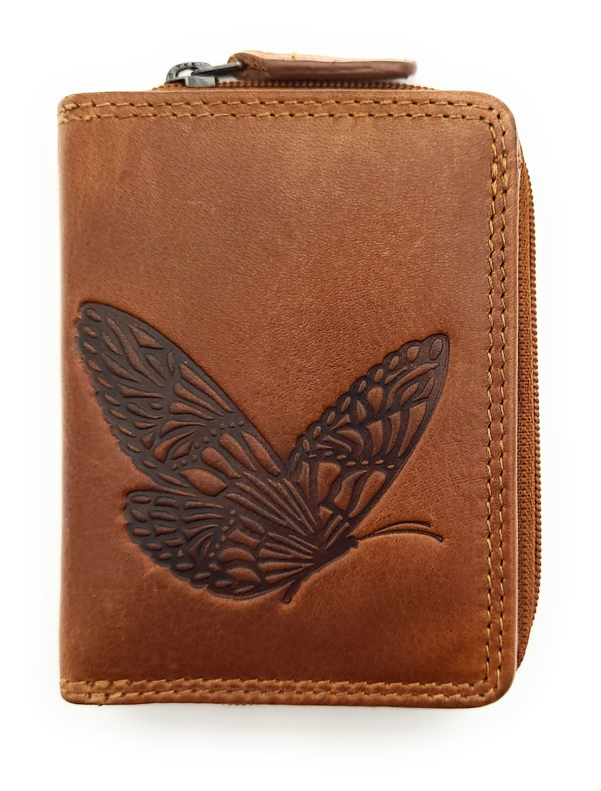 Jockey Club RFID Leder-Geldbörse mit Schmetterlingsprägung – kleine Damenbörse mit Reißverschluss & Chipfach cognac braun