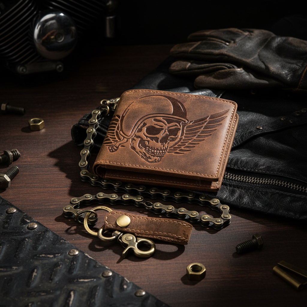 Jockey Club Biker Leder Geldbörse Totenkopf mit massiver Kette