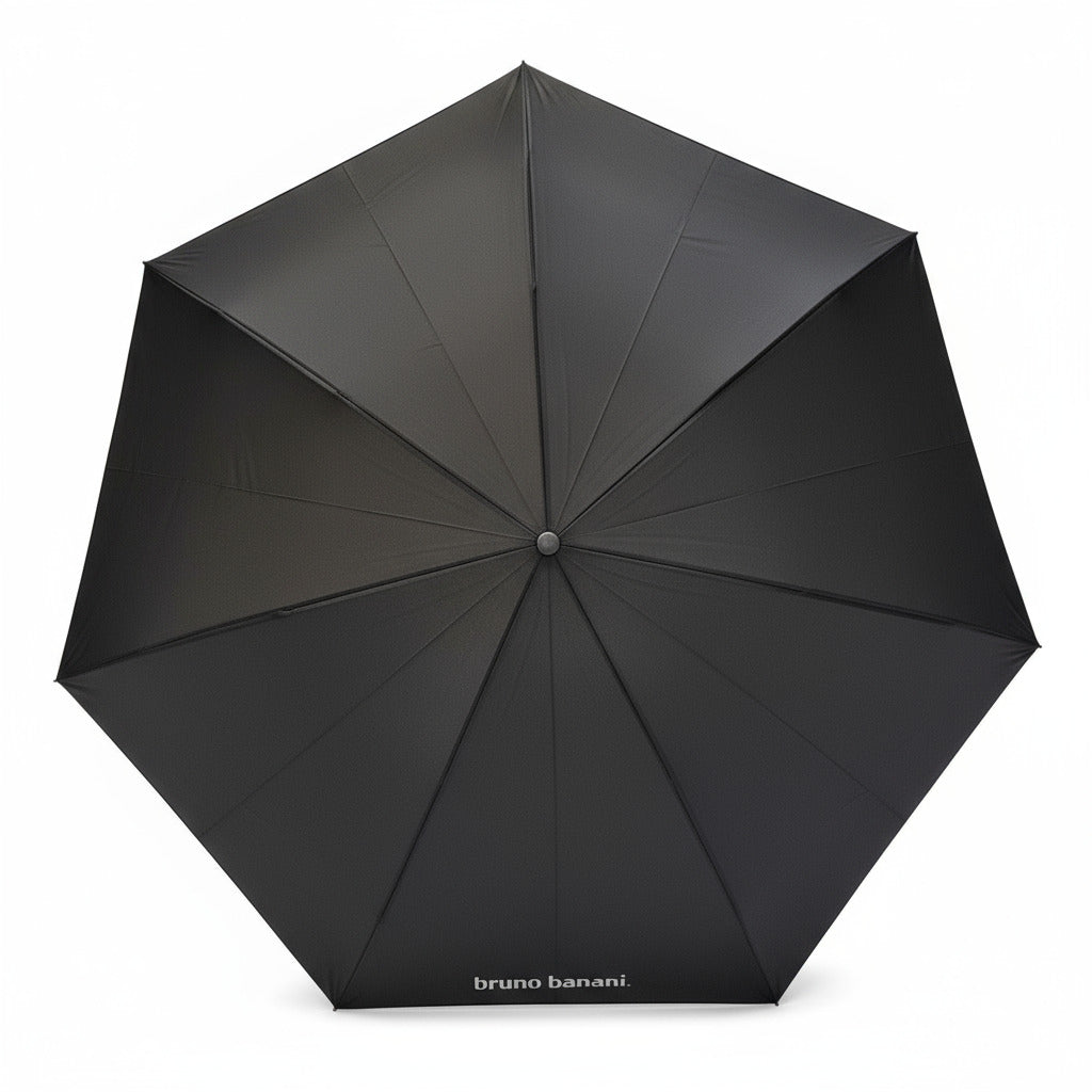 bruno banani Regenschirm Shorty – Handöffner, 7-teiliges Gestell, Polyester Pongee, mattierter Griff mit Logodruck, Schirmdach mit schwarzer Borte, Hülle mit Reißverschluss Schwarz Silber