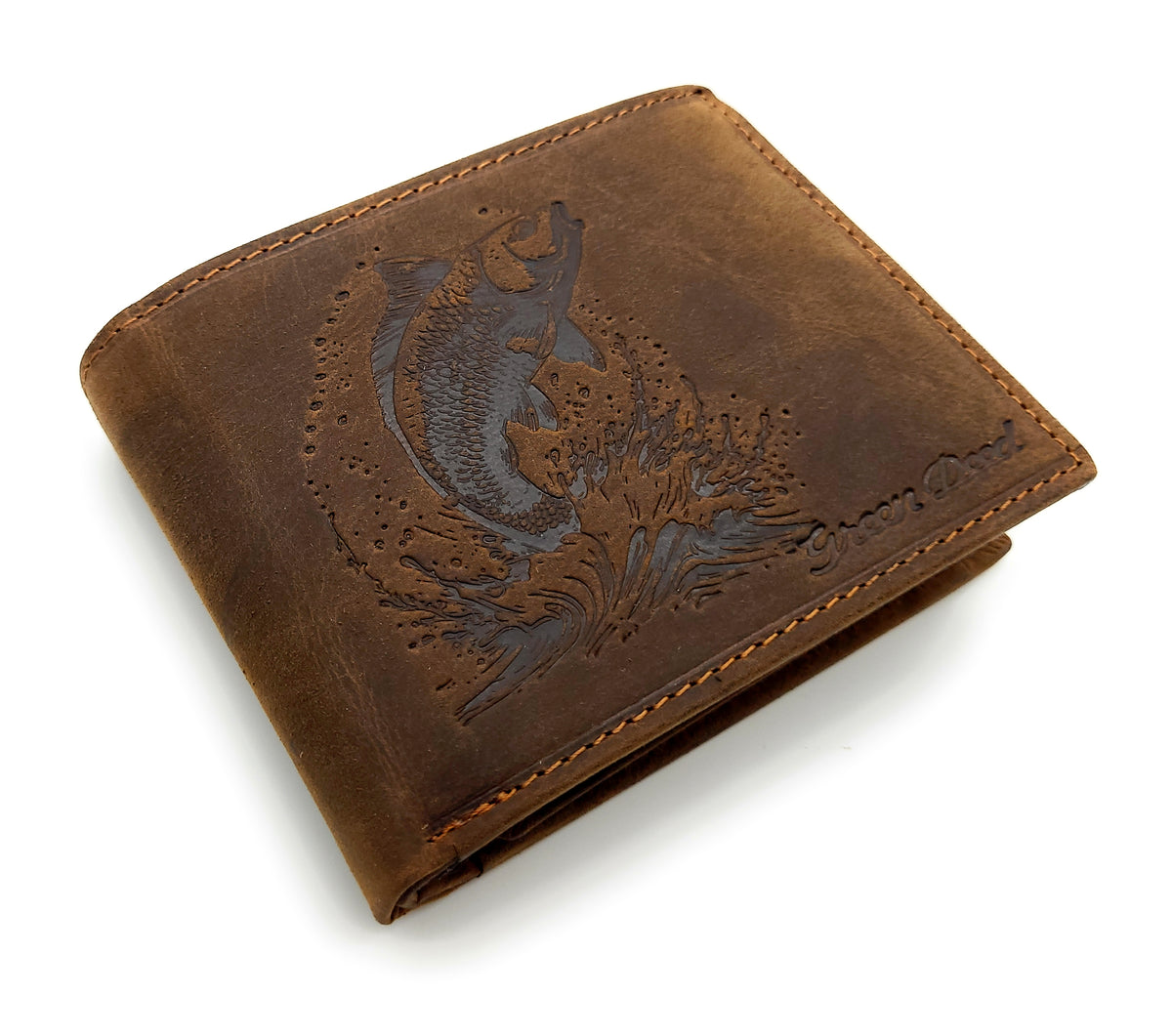 Green Deed Hunterleder Geldbörse Dunkelbraun – Karpfenmotiv, RFID-Schutz & Geschenkbox