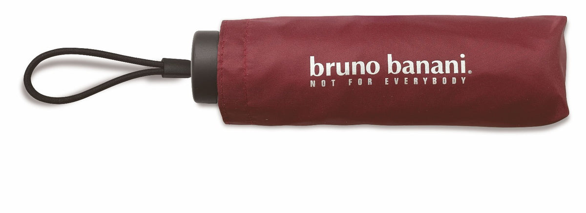 bruno banani Regenschirm Shorty – Handöffner, 7-teiliges Gestell, Polyester Pongee, mattierter Griff mit Logodruck, Schirmdach mit schwarzer Borte, Hülle mit Reißverschluss Bordeaux Silber