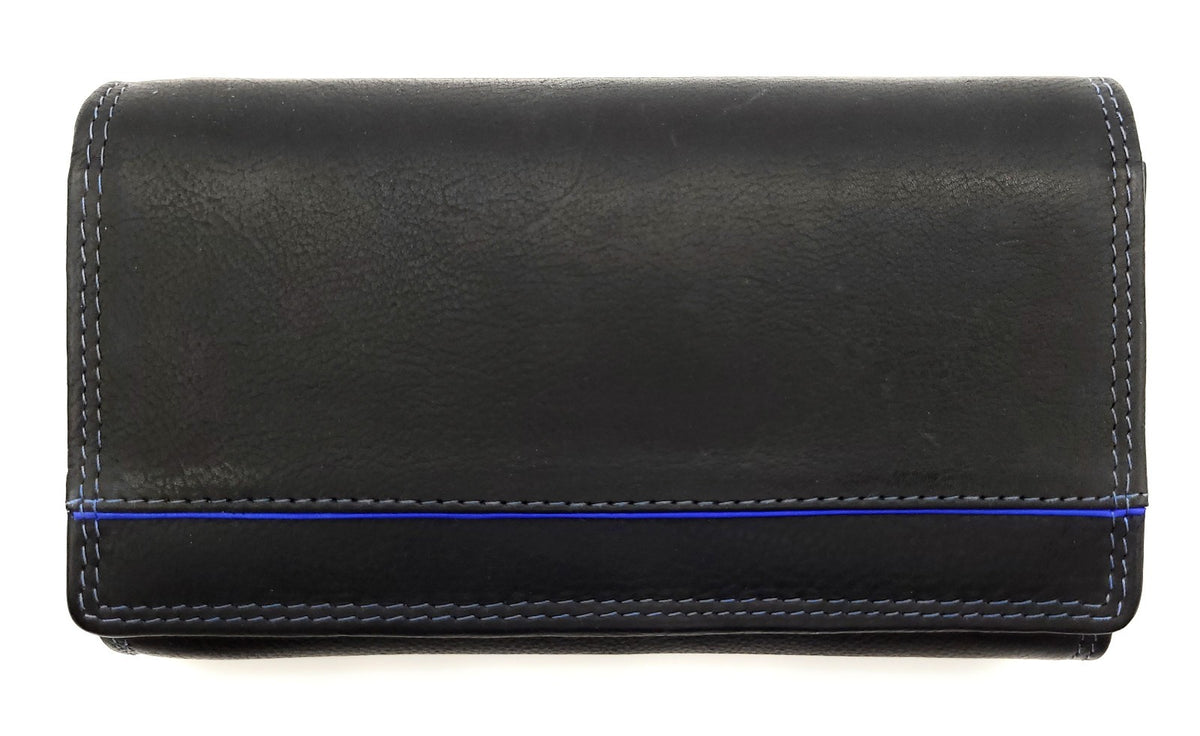 Jockey Club Echt Leder Damen Geldbörse RFID Schutz – Portemonnaie Bicolor Schwarz/Blau – Viele Fächer, Druckknopf, Reißverschluss, großes Münzfach