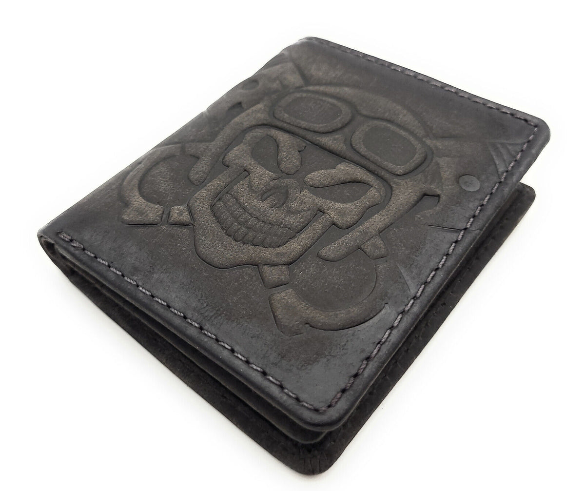 Jockey Club echt Leder Mini Geldbörse Portemonnaie 3D Totenkopf mit RFID Schutz
