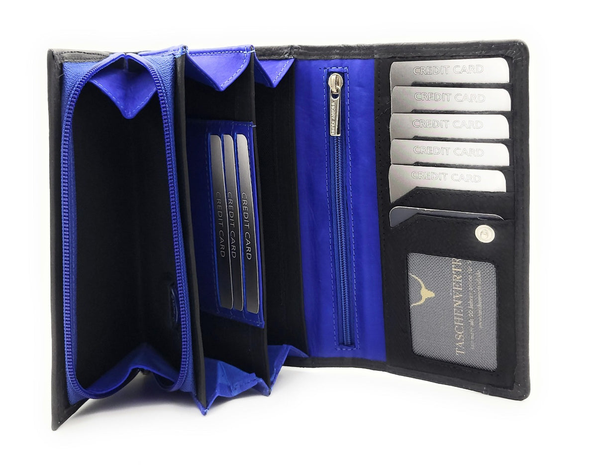 Jockey Club Echt Leder Damen Geldbörse RFID Schutz – Portemonnaie Bicolor Schwarz/Blau – Viele Fächer, Druckknopf, Reißverschluss, großes Münzfach