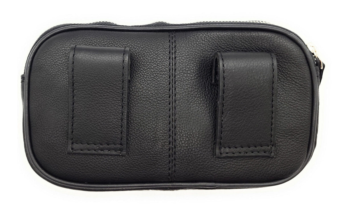 Gürteltasche Leder XXL mit 2 Hauptfächern | Bauchtasche Nappaleder Schwarz | Hüfttasche Echtleder 21cm