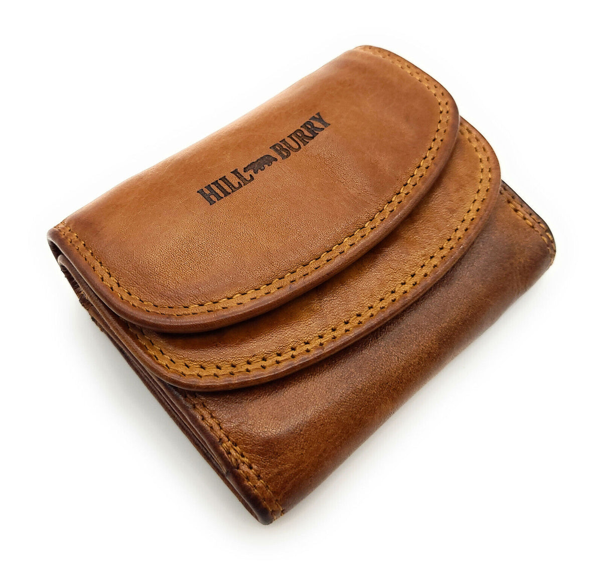 Hill Burry Mini Geldbörse Damen aus echtem Waschleder mit RFID-Schutz – Cognac
