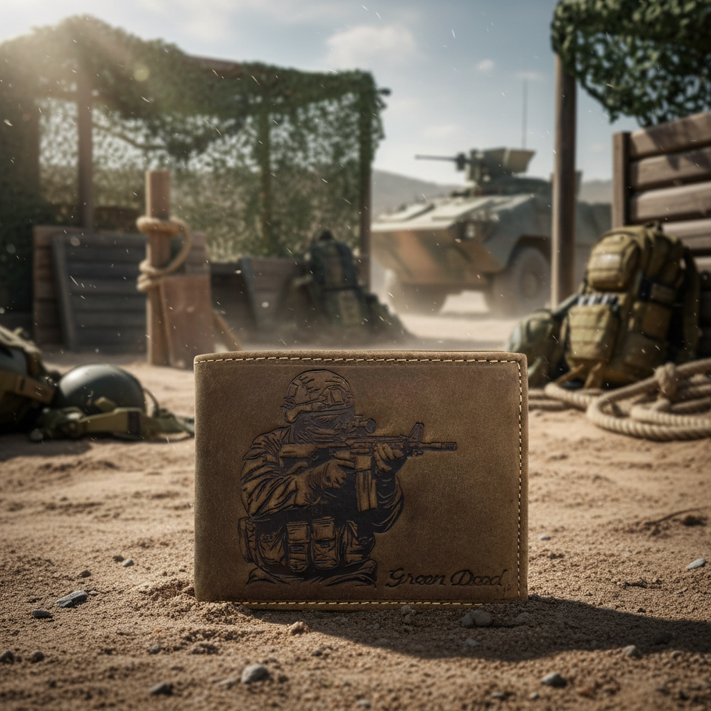 Green Deed Geldbörse aus Hunterleder – Soldat Militär Motiv, dunkelbraun, RFID-Schutz & Geschenkbox