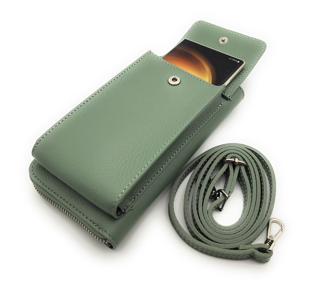 echt Leder Handybörse Smartphonetasche Geldbörse Umhängetasche made in Italy grün