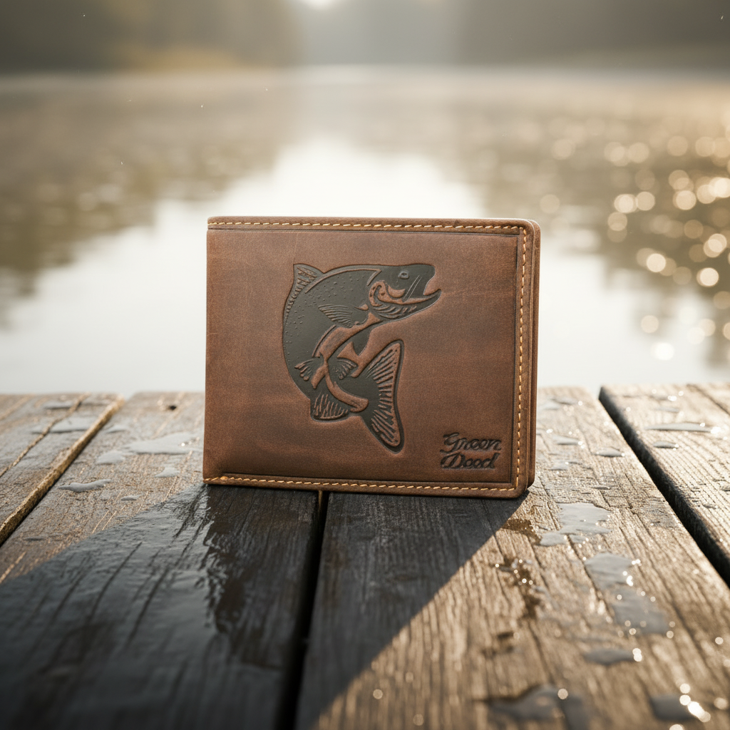 Green Deed Geldbörse aus Hunterleder – Dunkelbraun mit geprägtem Zander-Motiv, RFID-Schutz & Geschenkbox