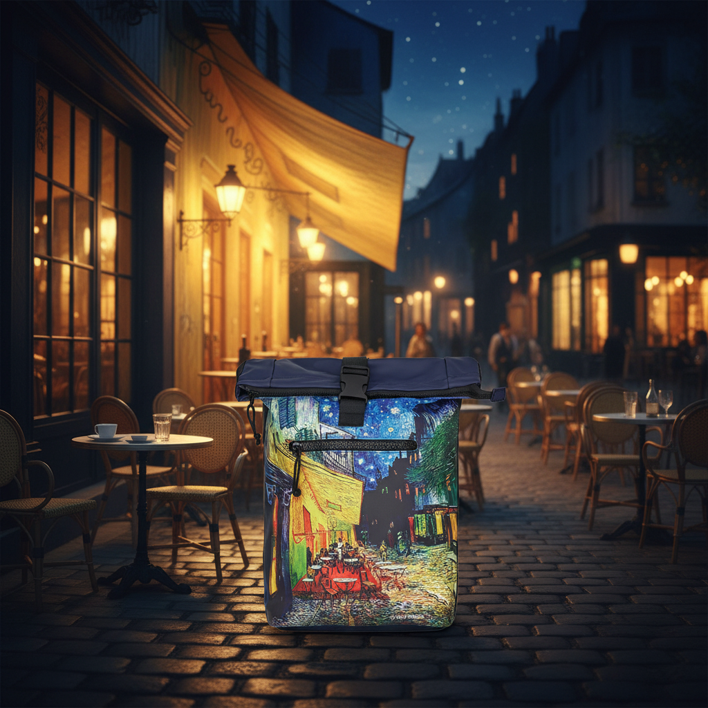 New Rebels New York Van Gogh Rucksack – Caféterrasse am Abend, Rolltop, wasserabweisend, 15" Laptopfach