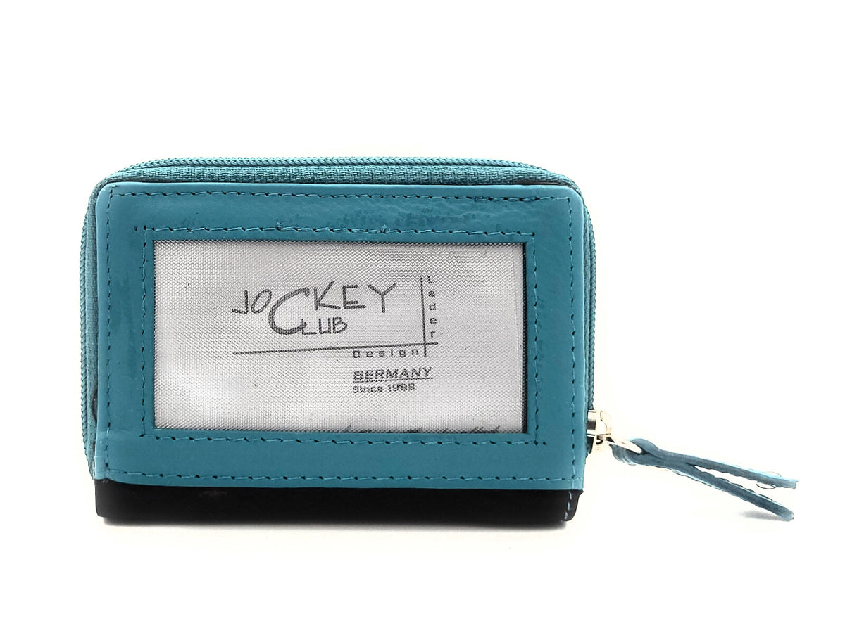 Jockey Club Mini-Geldbörse aus Leder mit RFID-Schutz & Pferde-Stickerei – kompakt & stilvoll schwarz türkis