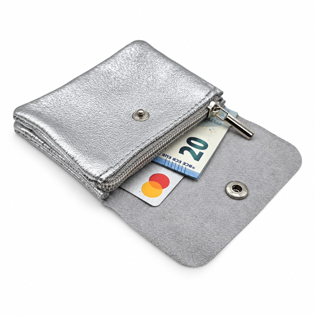 Mini Geldbörse aus echtem Rindleder – kompaktes Leder Portemonnaie Made in Italy silber metallic