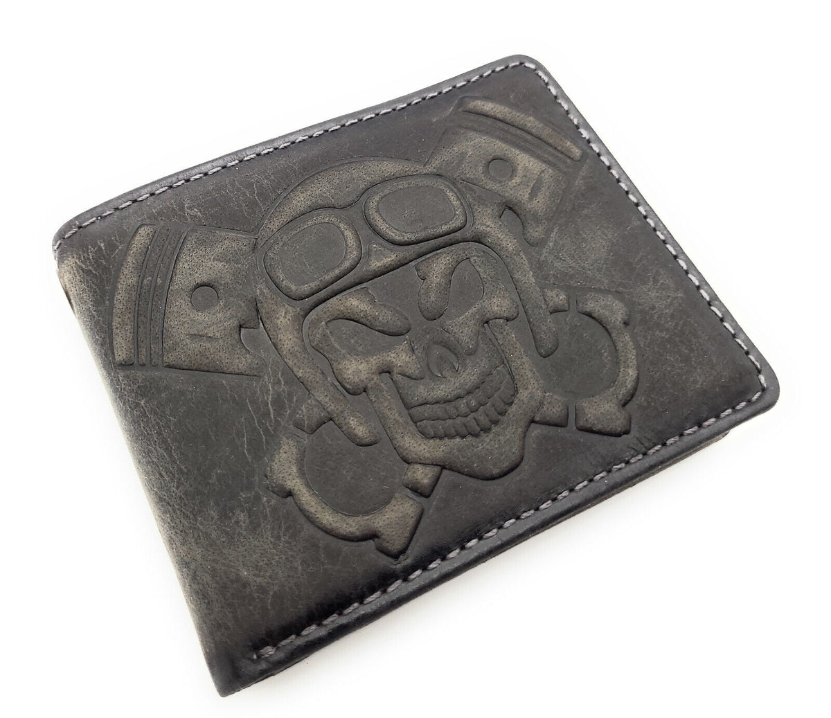 Jockey Club echt Leder Biker Geldbörse Portemonnaie 3D Totenkopf mit RFID Schutz grau