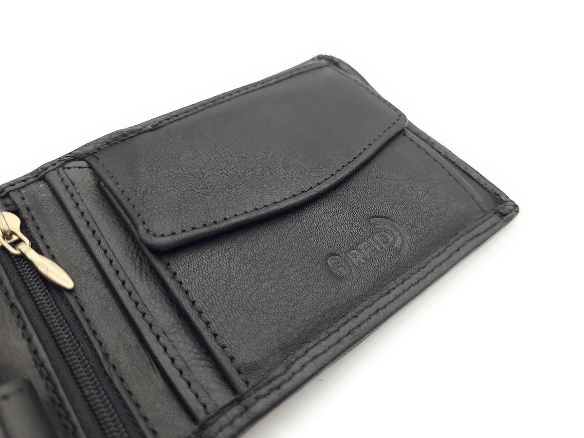 Jockey Club Basic Geldbörse aus Rindleder mit RFID-Schutz, Reißverschlussfach, 6 Kartenfächern, 2 Sicht- & 2 Einsteckfächern, Münzfach & Doppelnaht schwarz