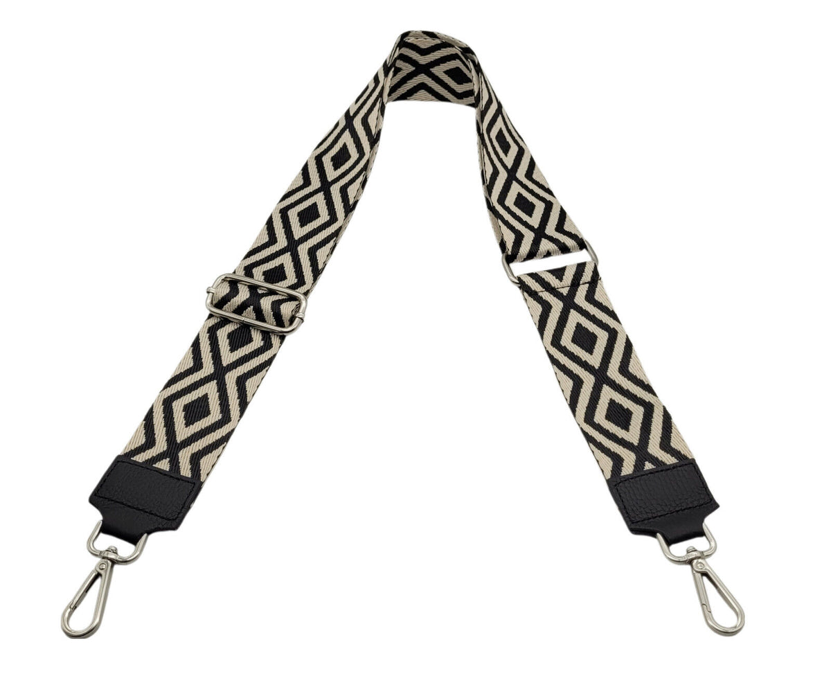 Ersatz Taschengurt Schultergurt Tragegurt Schulterriemen 5cm made in Italy schwarz beige Raute Echtleder Enden