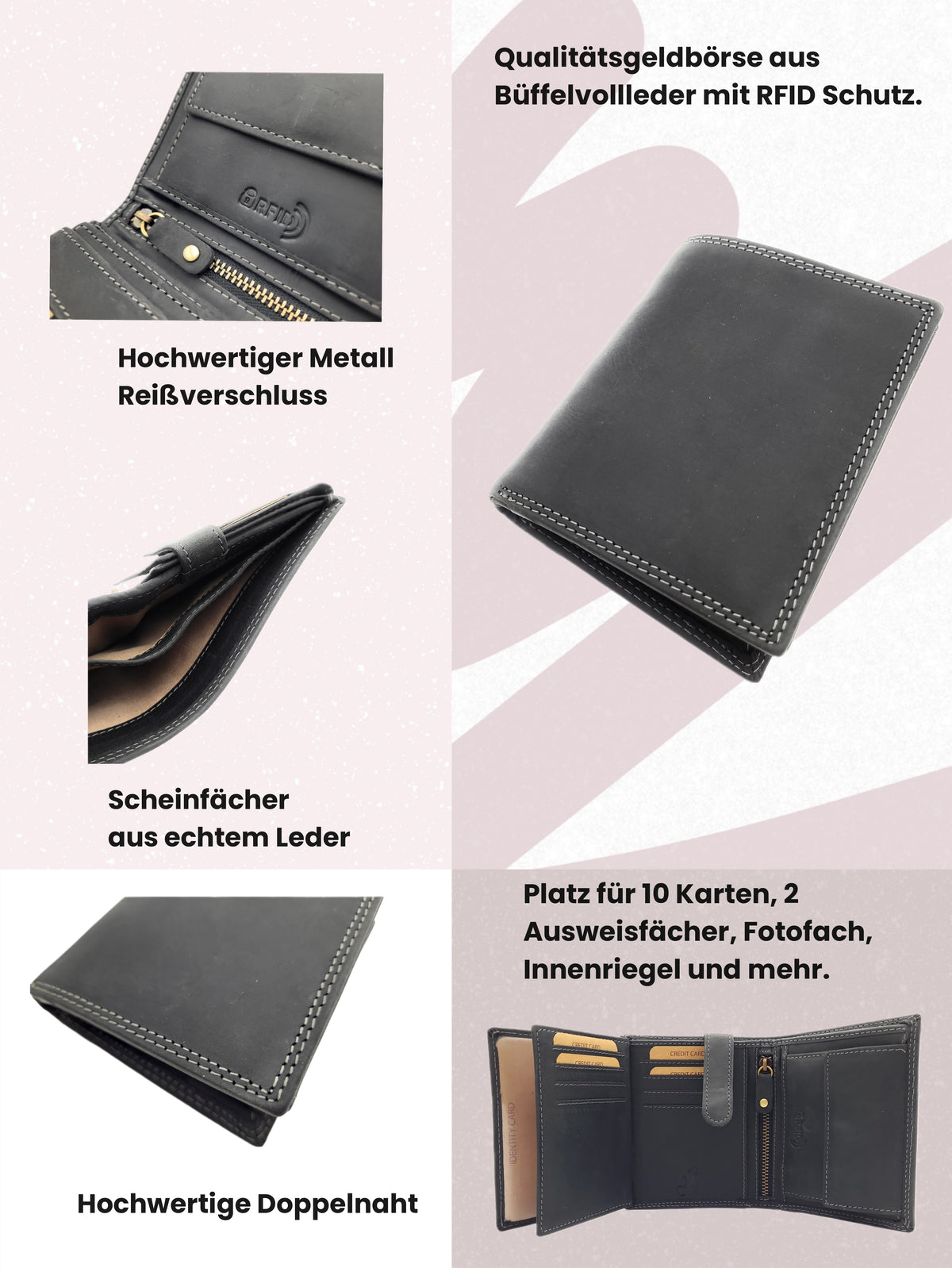 Jockey Club Leder-Geldbörse Schwarz mit markanter Doppelnaht