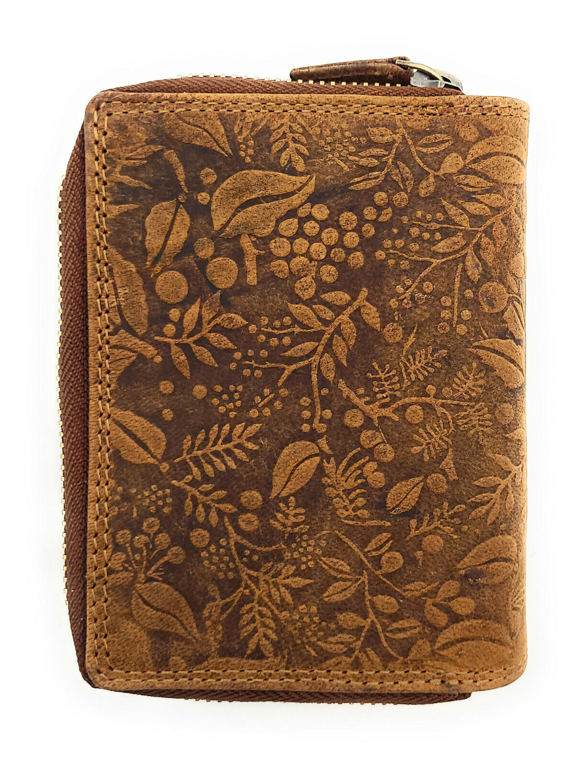 echt Leder Damen Geldbörse Portemonnaie 15 Kartenfächer florale Prägung braun