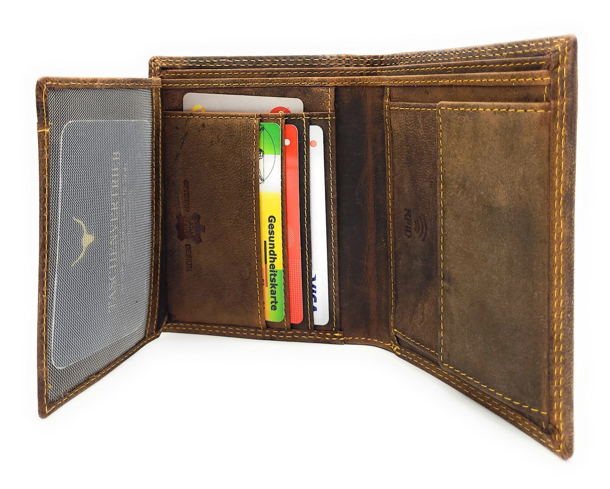 Hunterleder Portemonnaie Hochformat mit RFID-Schutz – 7 Kartenfächer, Münzfach, Doppelnaht braun