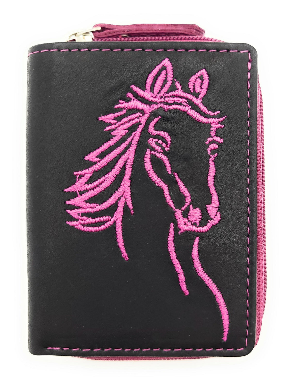 Jockey Club Mini-Geldbörse aus Leder mit RFID-Schutz & Pferde-Stickerei – kompakt & stilvoll schwarz pink