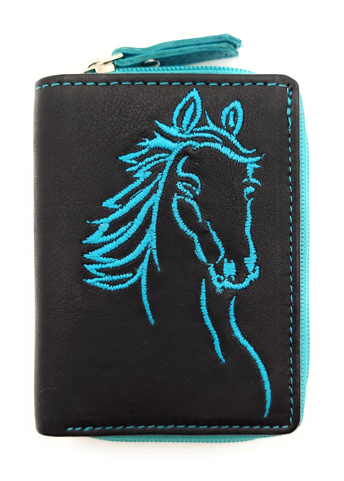Jockey Club Mini-Geldbörse aus Leder mit RFID-Schutz & Pferde-Stickerei – kompakt & stilvoll schwarz türkis