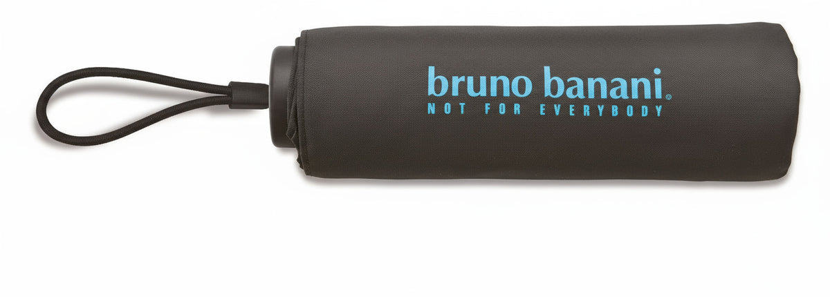 bruno banani Regenschirm Shorty – Handöffner, 7-teiliges Gestell, Polyester Pongee, mattierter Griff mit Logodruck, Schirmdach mit blauer Borte, Hülle mit Reißverschluss Schwarz Aqua