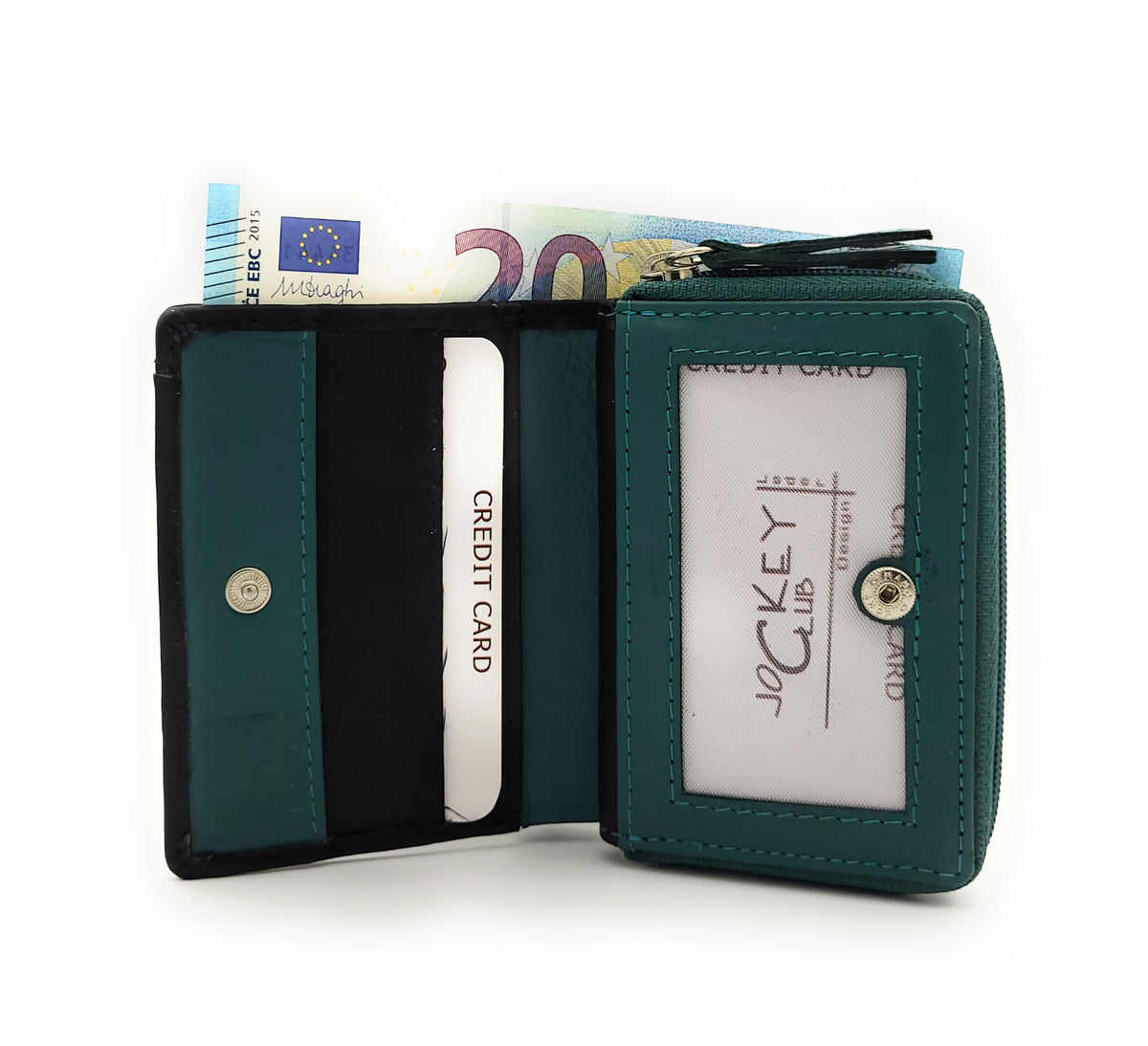 Jockey Club Mini-Geldbörse aus Leder mit RFID-Schutz & Pferde-Stickerei – kompakt & stilvoll schwarz petrol