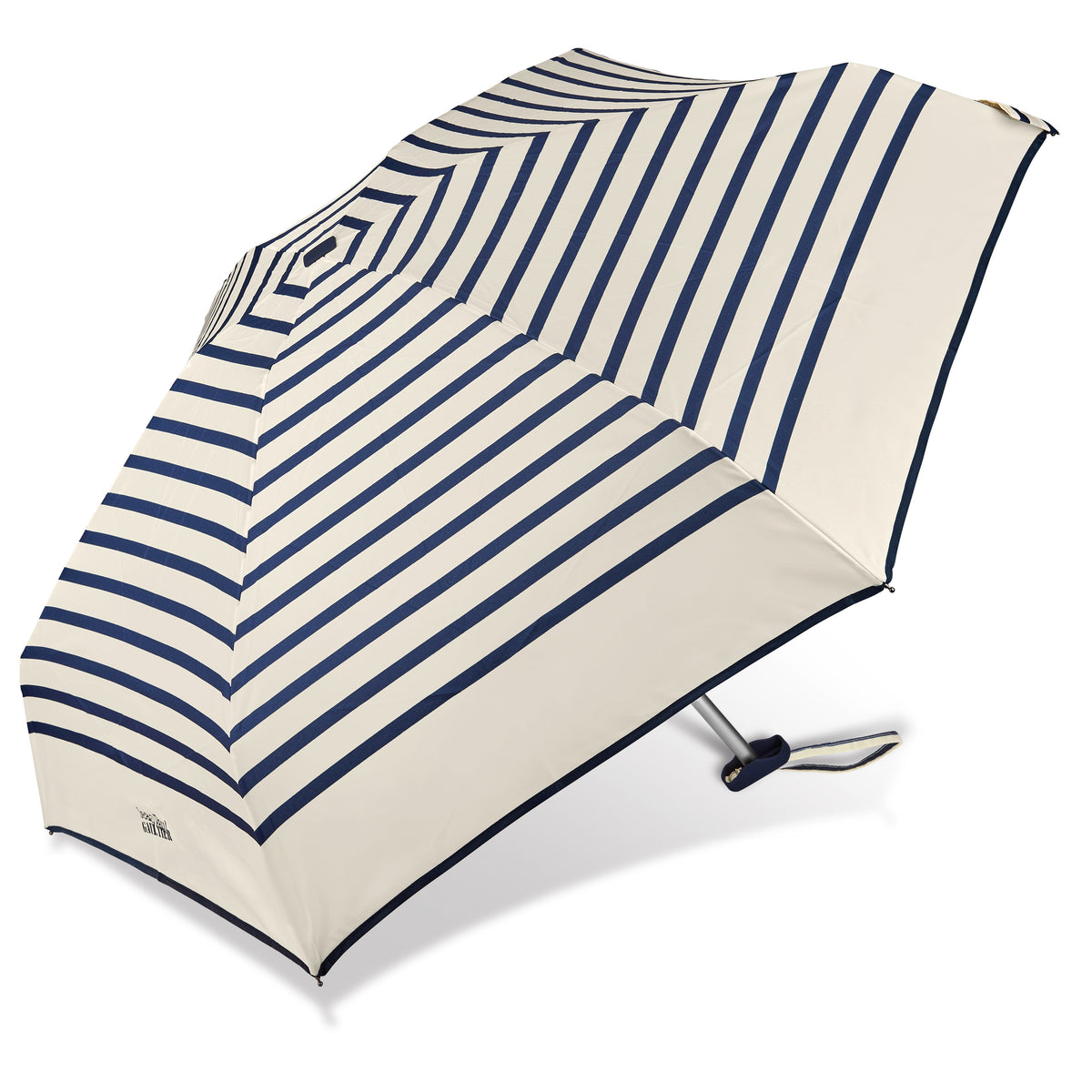 Jean Paul Gaultier Taschenschirm – Kompakt & Ultraleicht | Blau-Weiß gestreiftes Regenschirm-Design