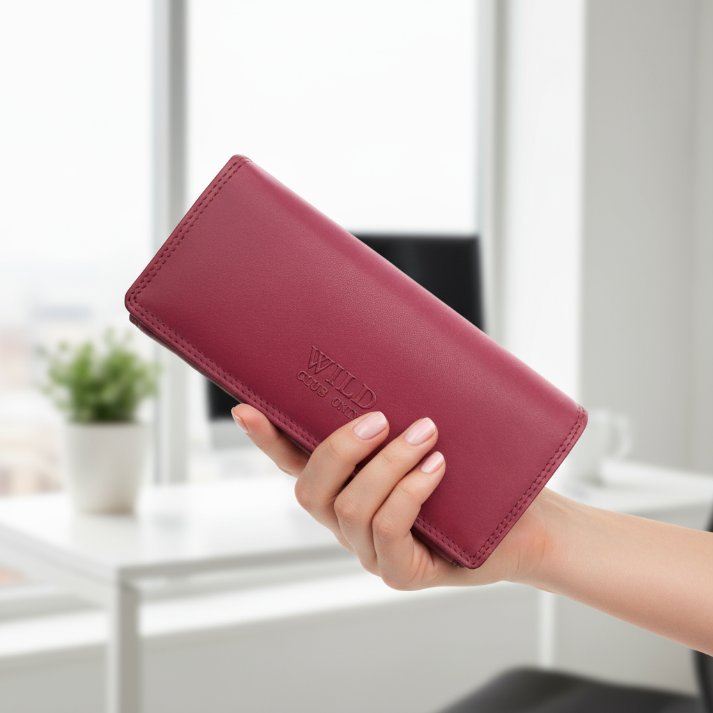 Große Damen Geldbörse aus Echtleder mit RFID-Schutz, 18 Kartenfächer, Langformat mit Münzfach & Doppelnaht berry
