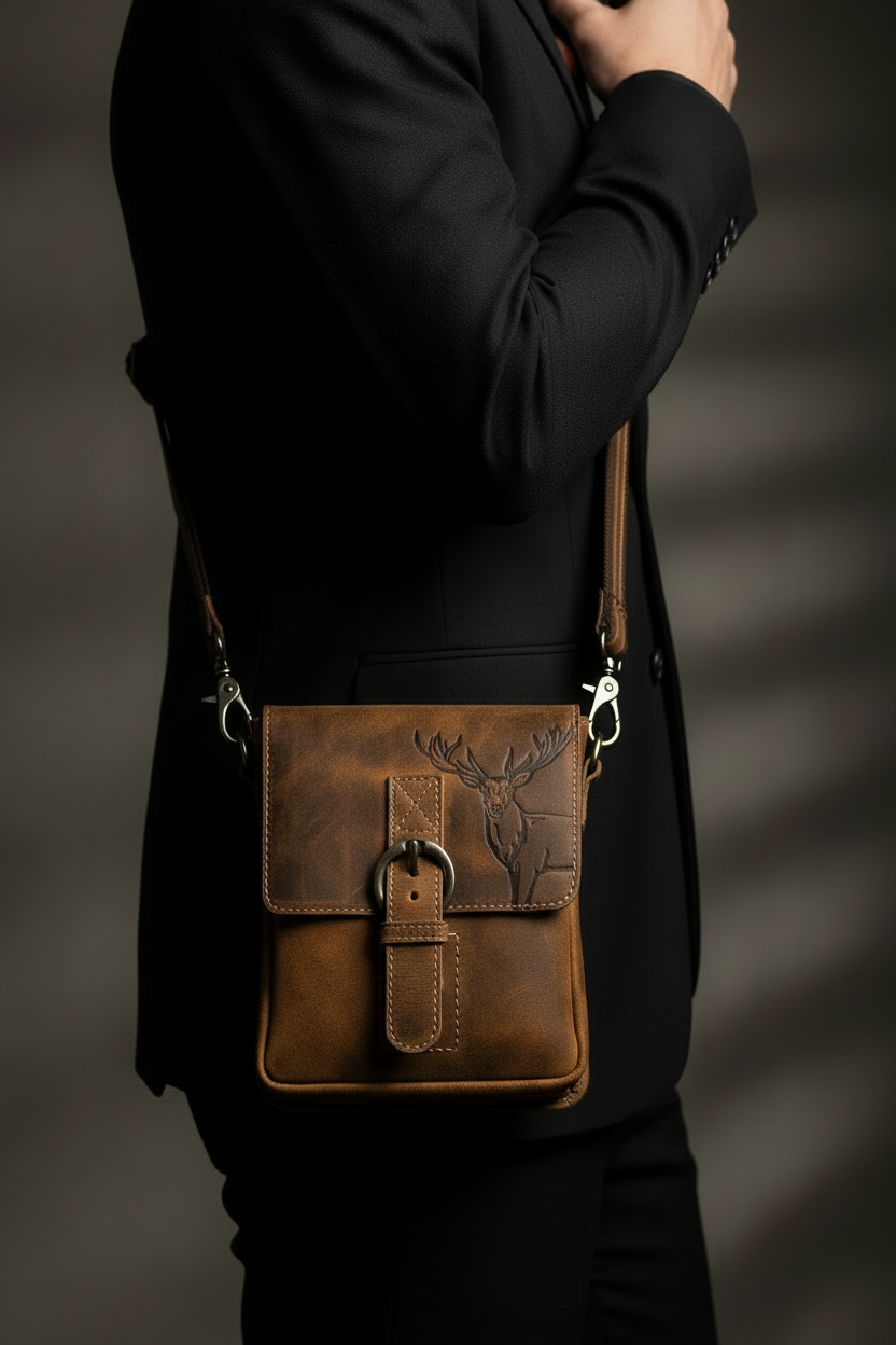 Jockey Club Ledertasche mit Hirschmotiv und Schultergurt