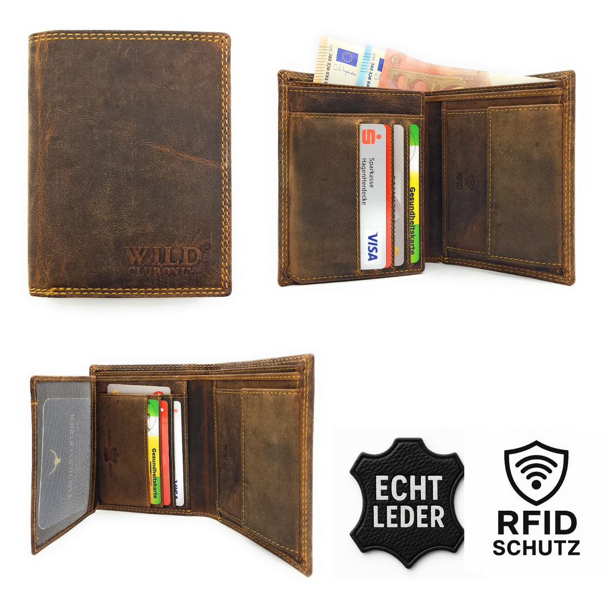 Hunterleder Portemonnaie Hochformat mit RFID-Schutz – 7 Kartenfächer, Münzfach, Doppelnaht braun