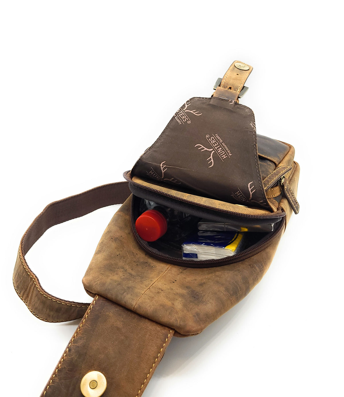 Hunters Crossbag Slingbag aus echtem Hunterleder – Vintage-Umhängetasche mit Platz für 0,33L Wasserflasche & Tablet