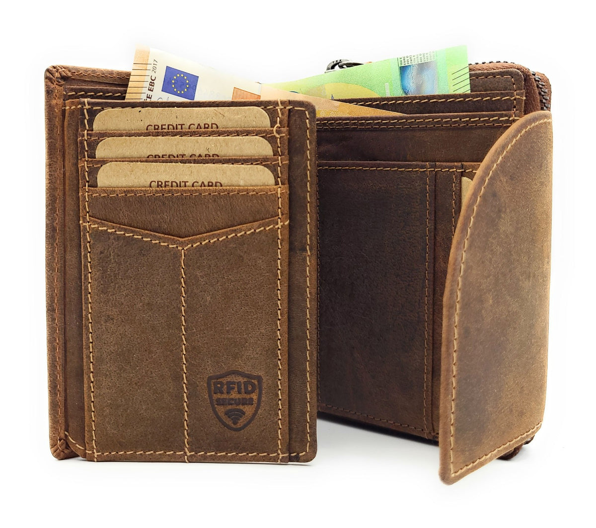 Jockey Club L Damen Geldbörse Hunterleder Braun – RFID-Schutz, viele Fächer, Außenriegel