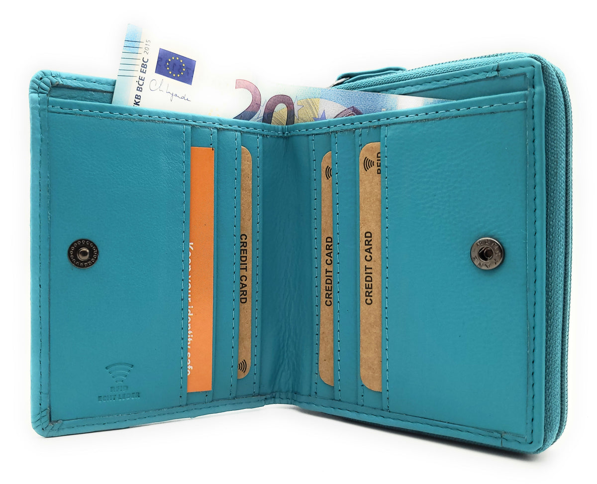 Damen Geldbörse RFID Schutz Nappaleder - Kompakt mit 6 Kartenfächern & Münzfach türkis
