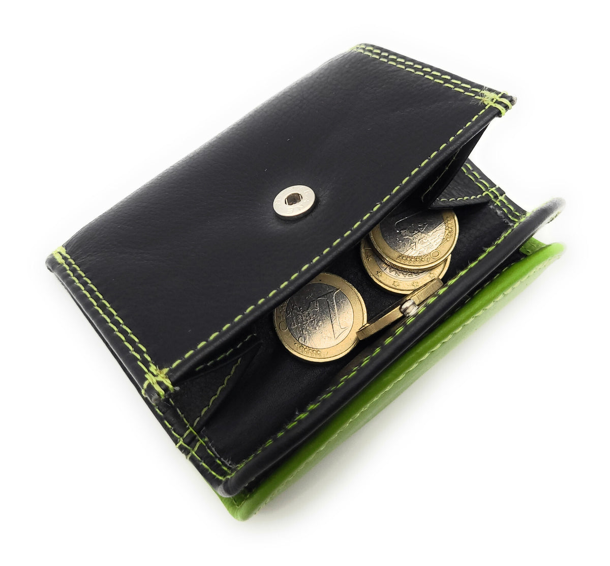 Lemasi echt Leder Mini Geldbörse Portemonnaie Wickelbörse Urlaubsbörse schwarz limette