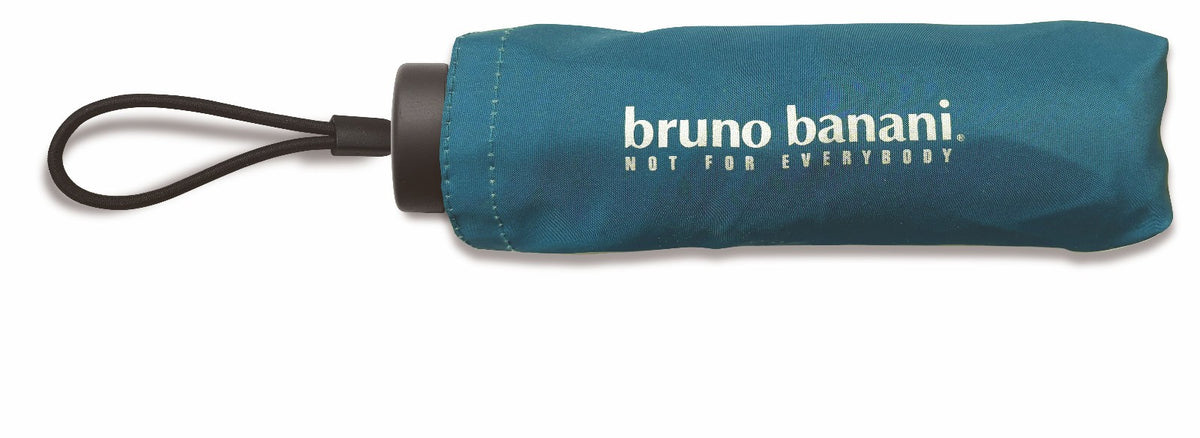 bruno banani Regenschirm Shorty – Handöffner, 7-teiliges Gestell, Polyester Pongee, mattierter Griff mit Logodruck, Schirmdach mit schwarzer Borte, Hülle mit Reißverschluss Petrol Silber