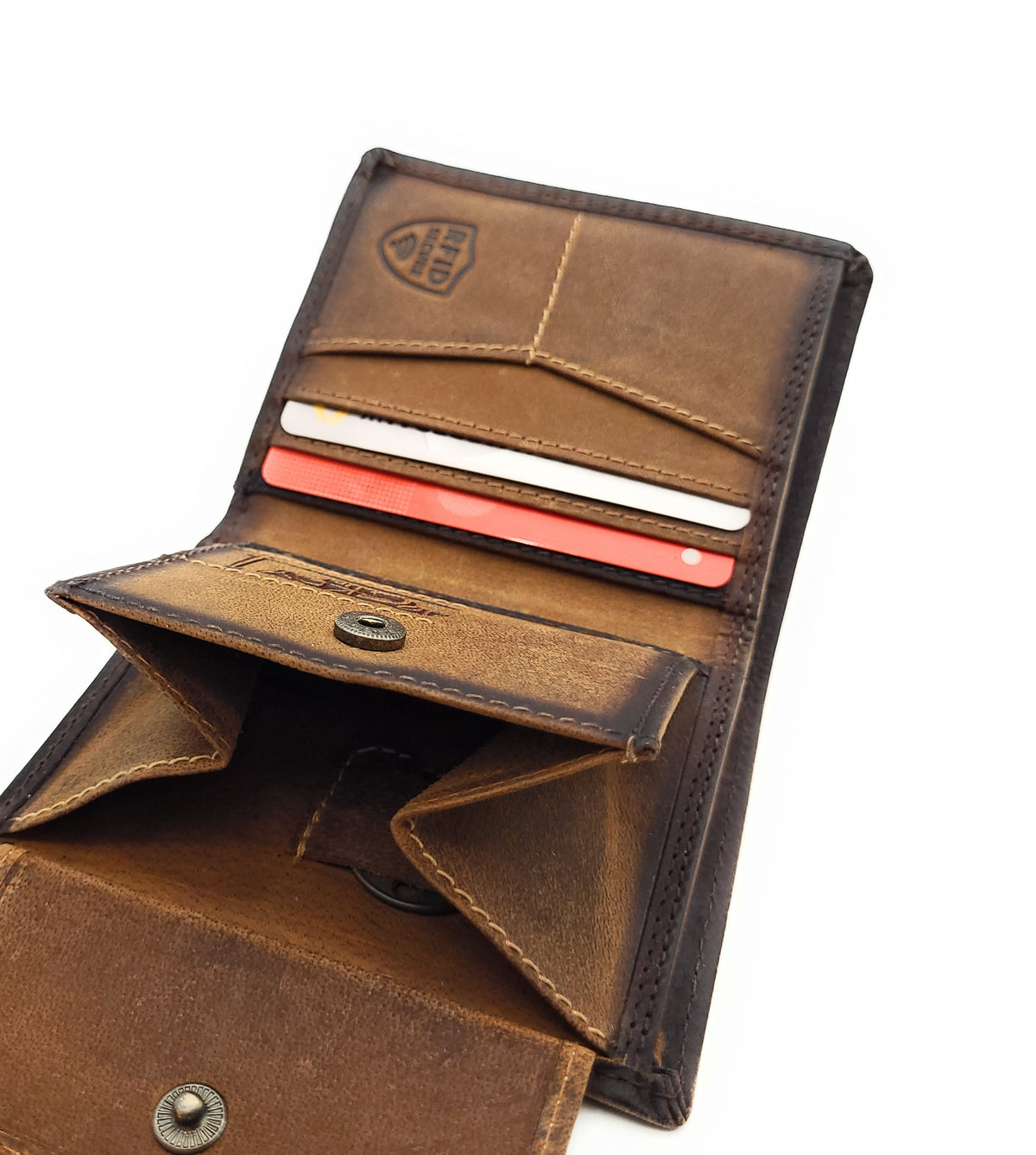 Jockey Club Rustikale Mini Leder Geldbörse Vintage Braun | Echt Hunterleder | Handgefertigt | RFID-Schutz | Kompakte Herrenbörse aus echtem Leder