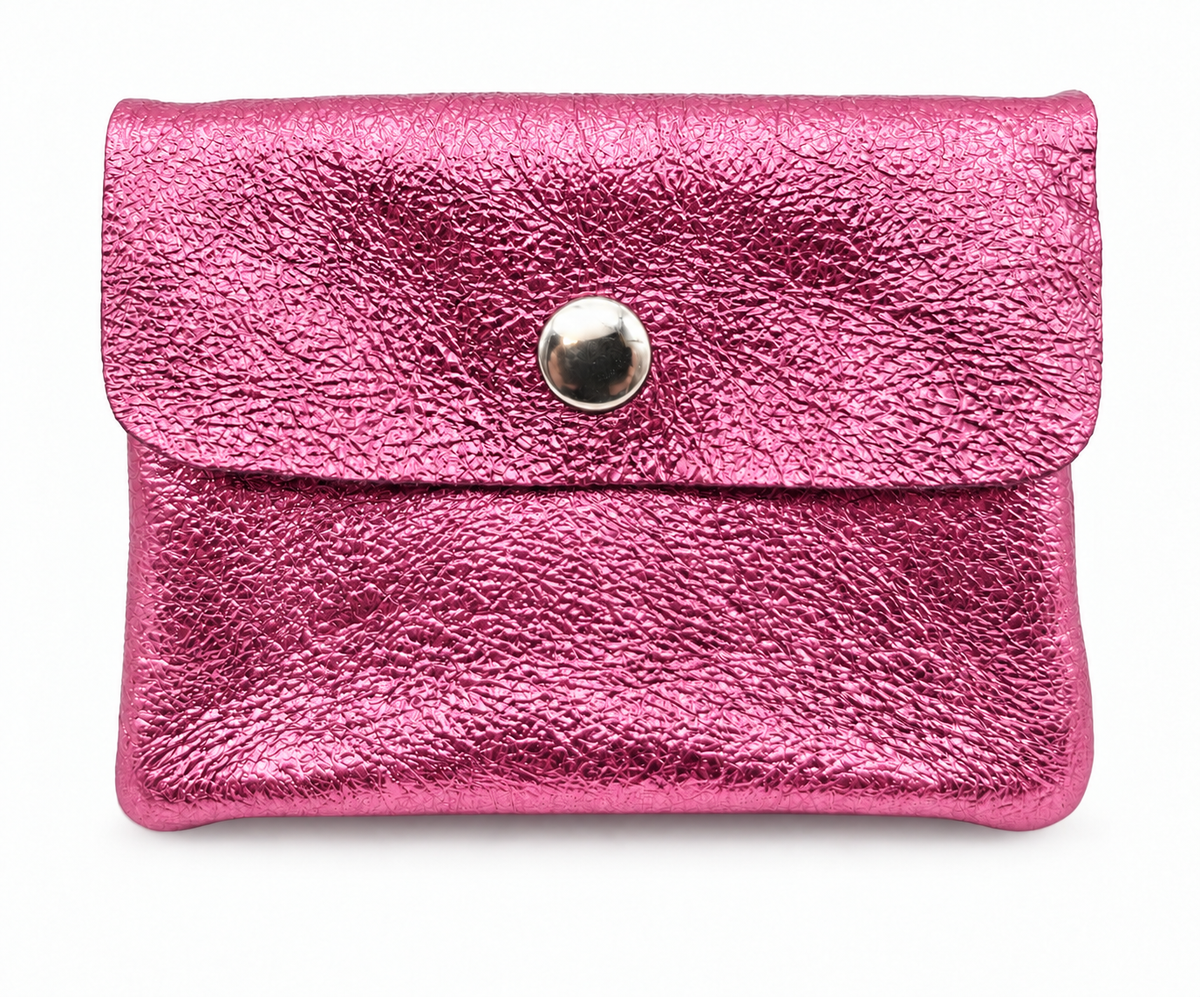 Mini Geldbörse aus echtem Rindleder – kompaktes Leder Portemonnaie Made in Italy pink metallic