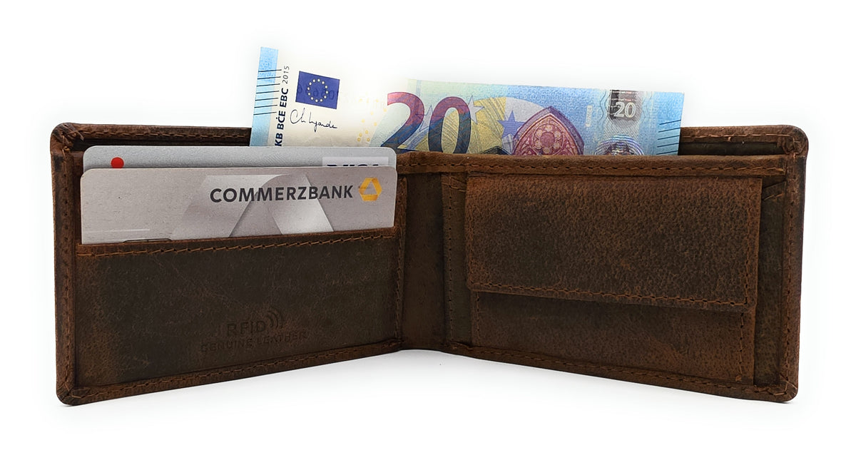 Lemasi Mini Geldbörse Hunterleder Braun – RFID-Schutz, 6 Kartenfächer