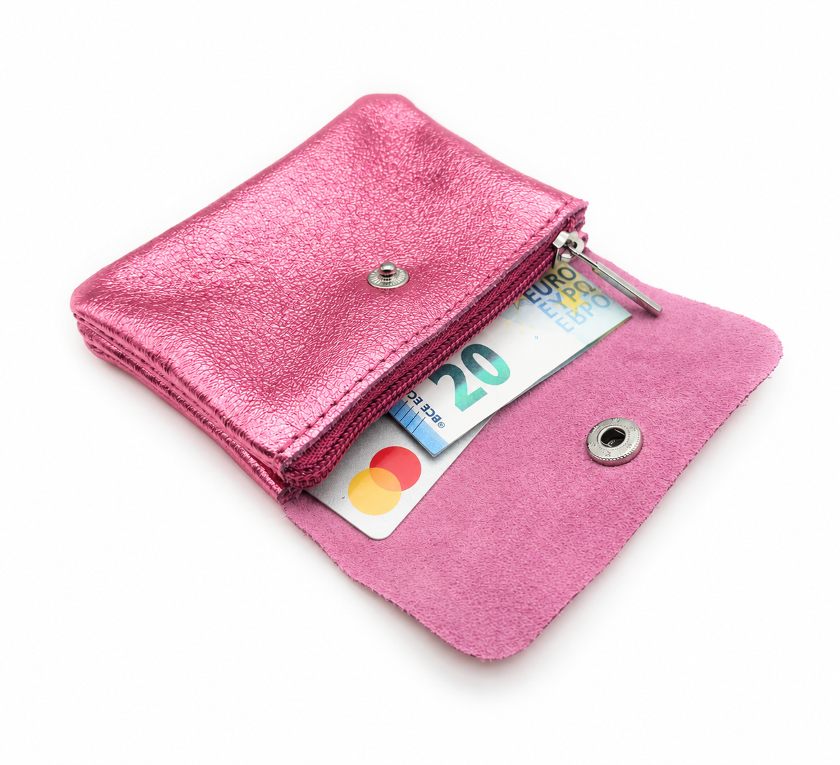 Mini Geldbörse aus echtem Rindleder – kompaktes Leder Portemonnaie Made in Italy pink metallic