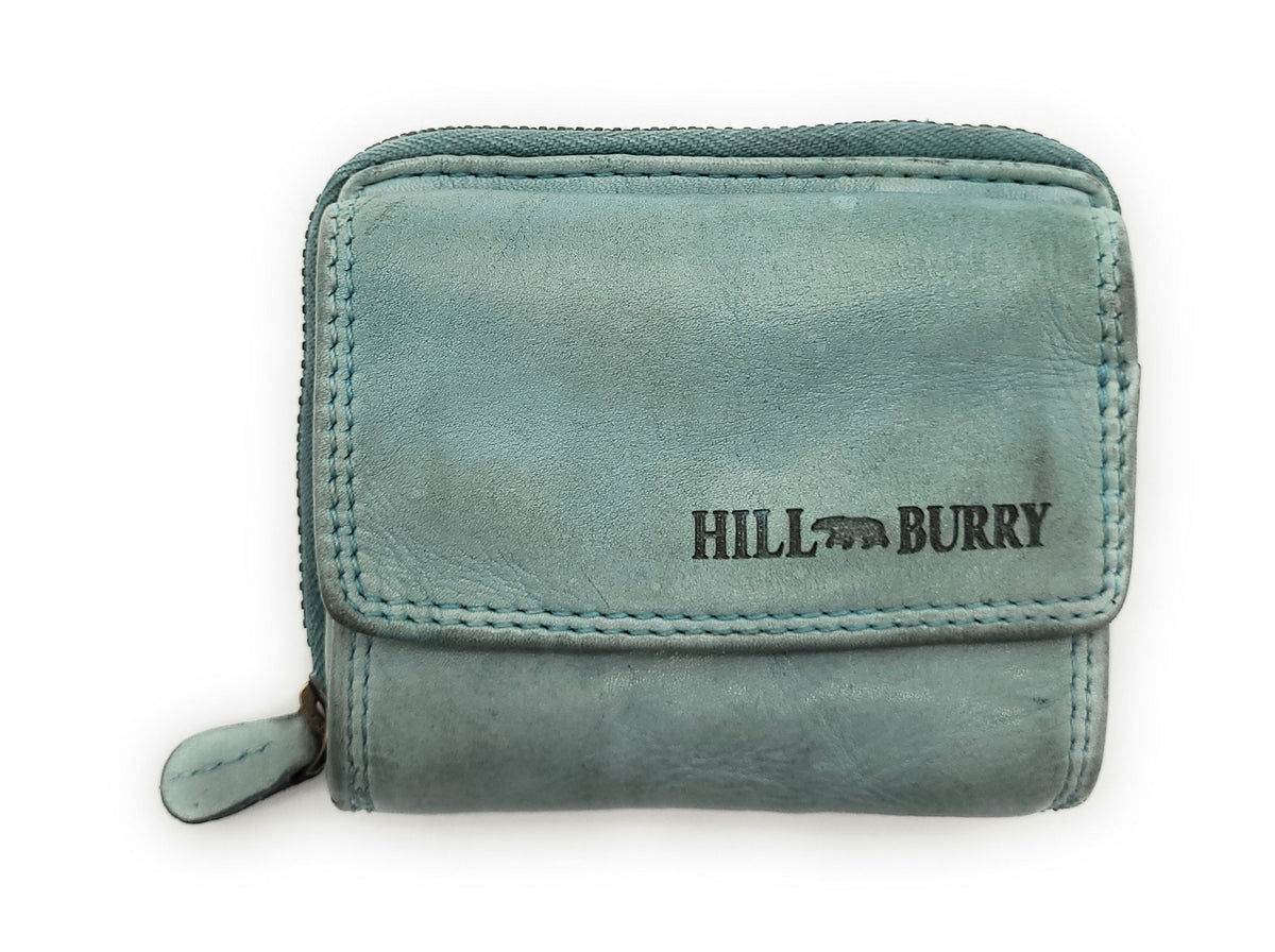 Hill Burry Mini Geldbörse Damen aus gewaschenem Rindleder mit RFID – Hellblau