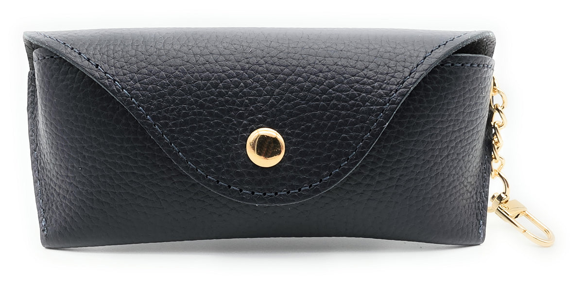 Brillenetui aus echtem Leder mit Magnetverschluss und Karabinerkette – Made in Italy navy