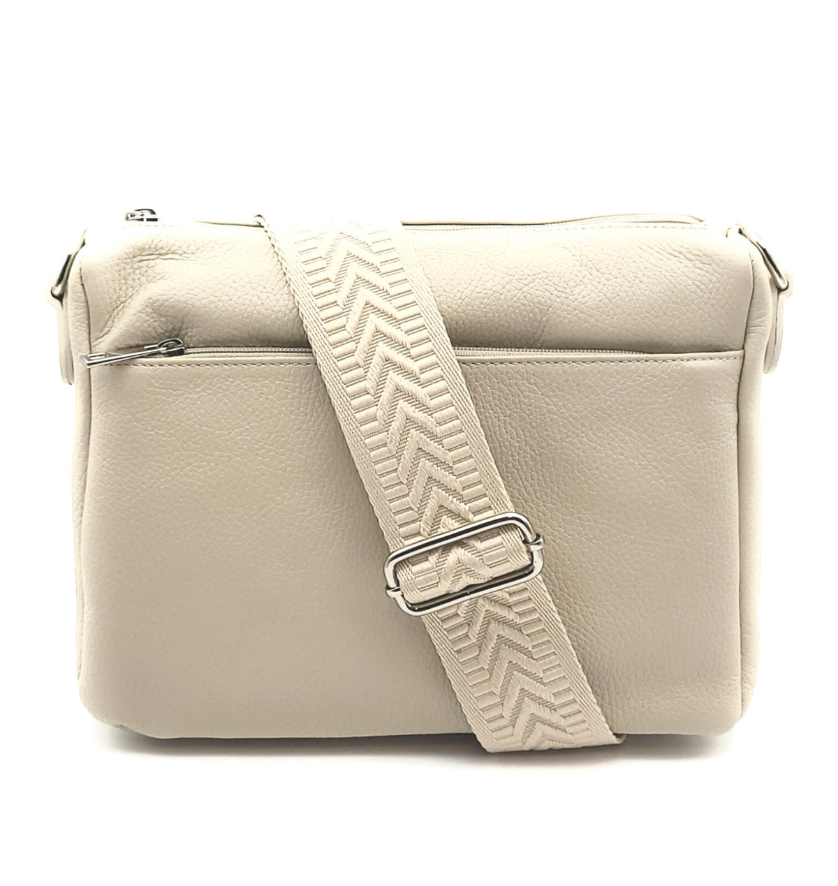 Kleine Handtasche aus echtem Leder – Made in Italy – mit 2 abnehmbaren Schultergurten & silbernen Details – Cremeweiß