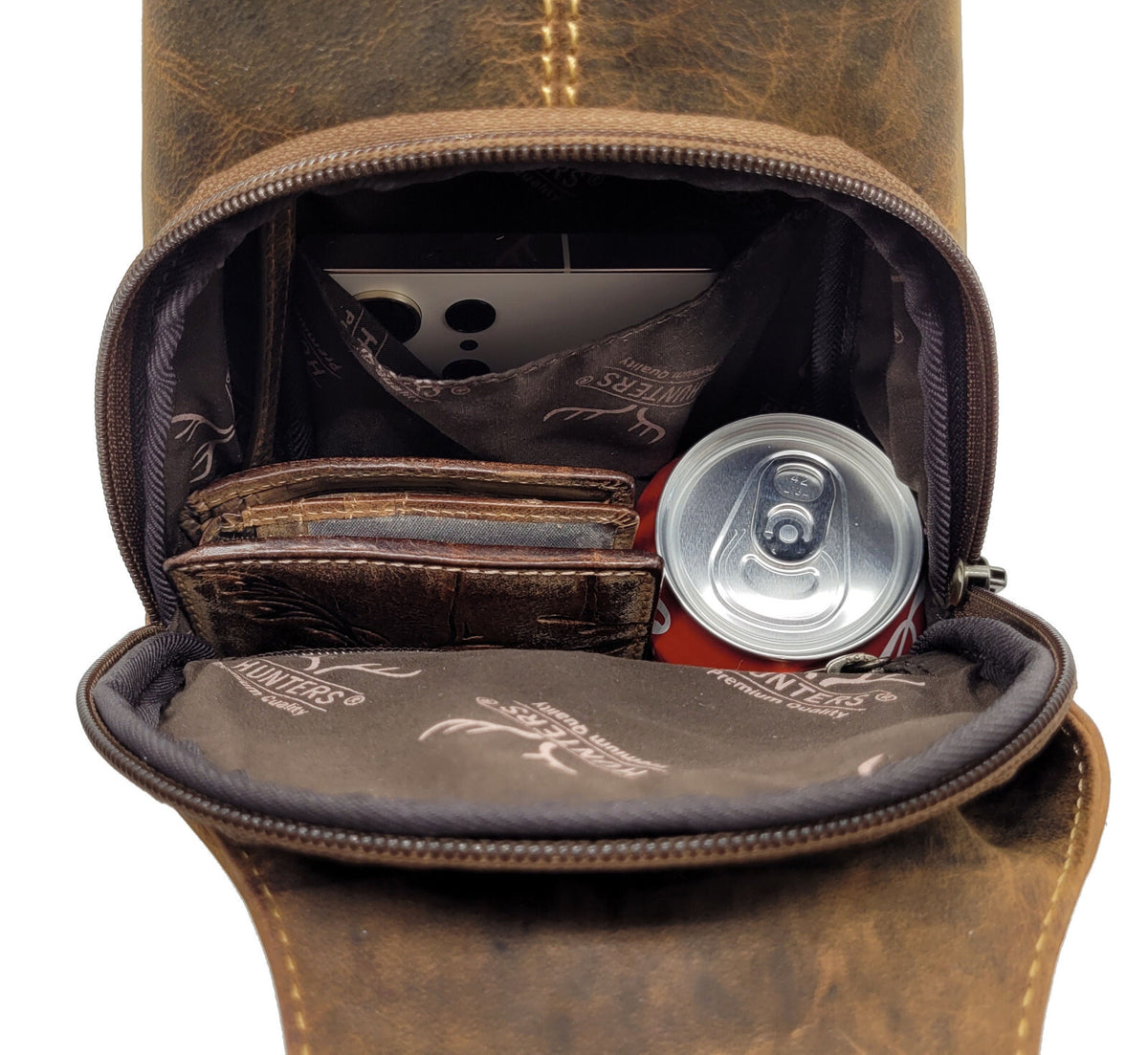 Crossbag / Slingbag aus echtem Hunterleder – Umhängetasche mit Reißverschlussfächern & verstellbarem Gurt, Vintage-Look, für Damen & Herren