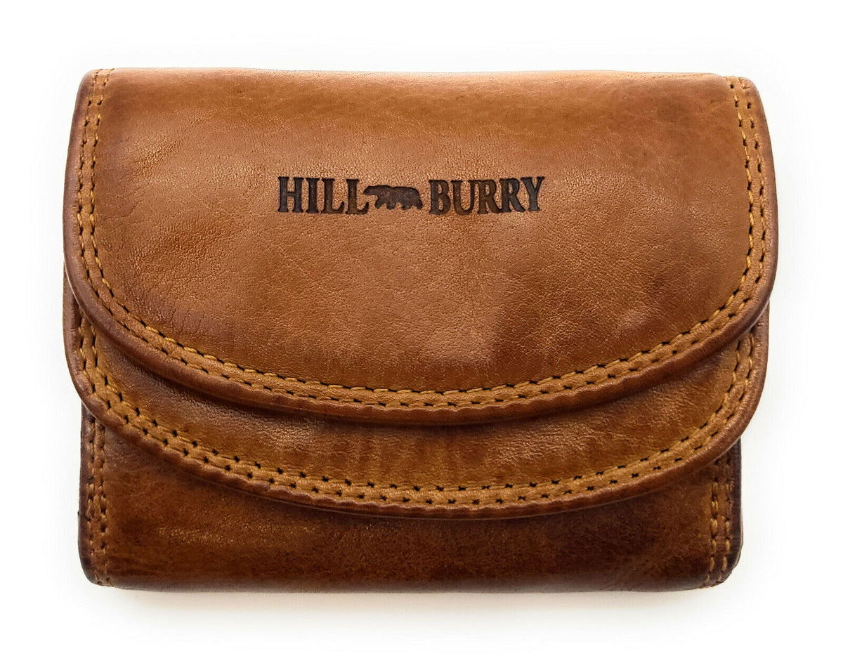 Hill Burry Mini Geldbörse Damen aus echtem Waschleder mit RFID-Schutz – Cognac