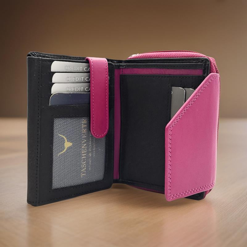 Jockey Club echt Leder Damen Geldbörse Portemonnaie Geldbeutel viele Fächer RFID Schutz schwarz pink berry