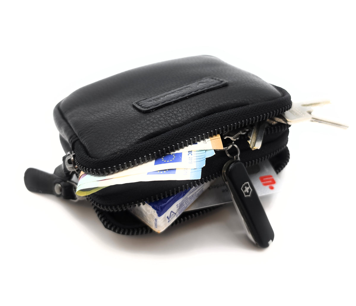 Lemasi Mini Gürteltasche aus Nappaleder – Schwarz, 2 Reißverschlussfächer