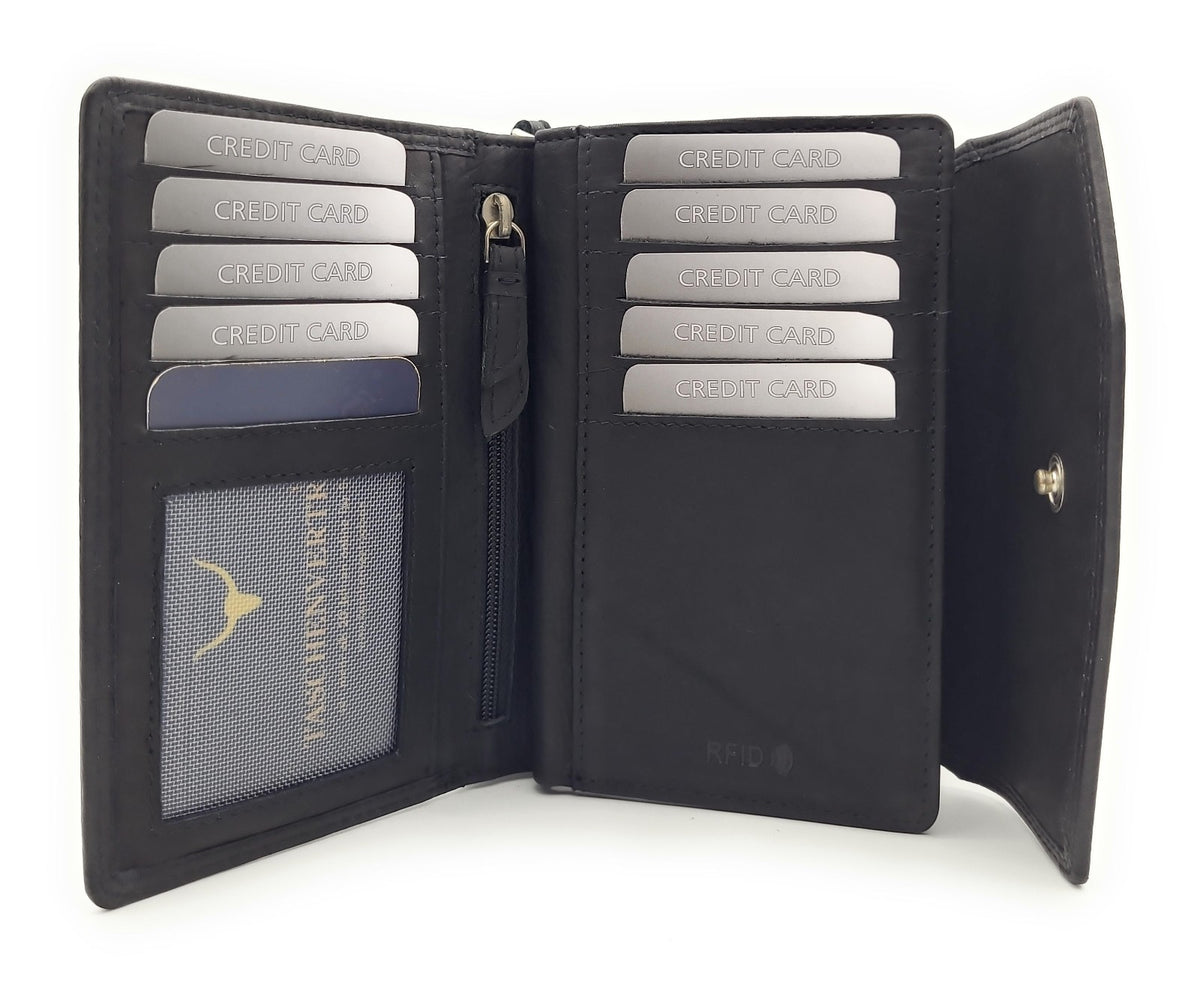 Jockey Club Geldbörse aus echtem Rindleder im Triangel-Design mit Druckknopf-Überschlag, RFID-Schutz, 9 Kartenfächern, Sichtfächern, Münzfach & Doppelnaht schwarz